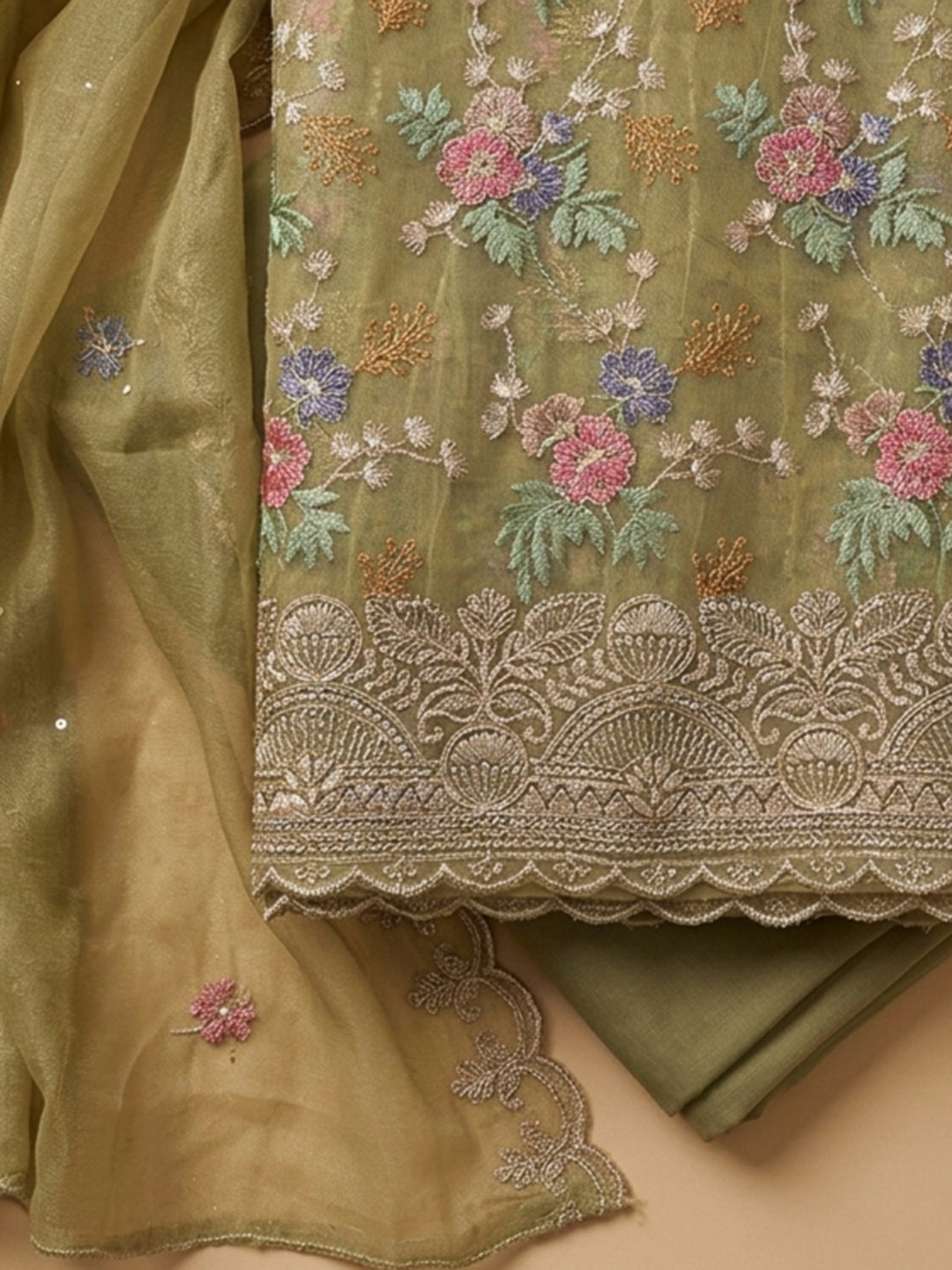 Mehndi Organza Embroidered Unstitched Dress Material