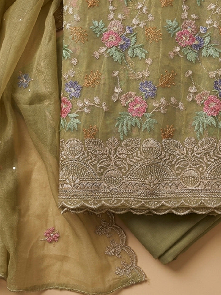 Mehndi Organza Embroidered Unstitched Dress Material