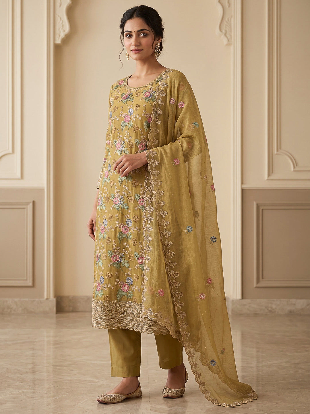 Mustard Organza Embroidered Unstitched Dress Material