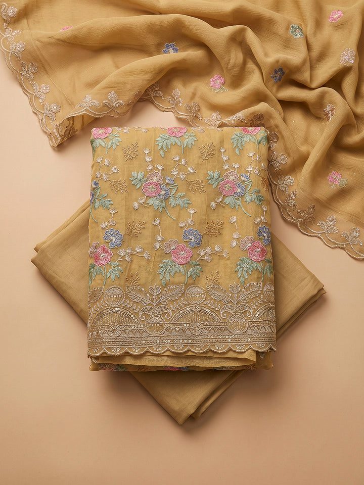 Mustard Organza Embroidered Unstitched Dress Material