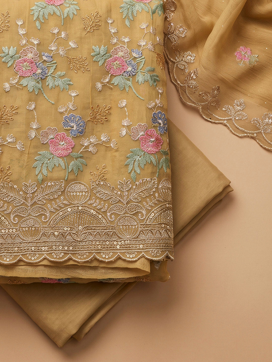 Mustard Organza Embroidered Unstitched Dress Material