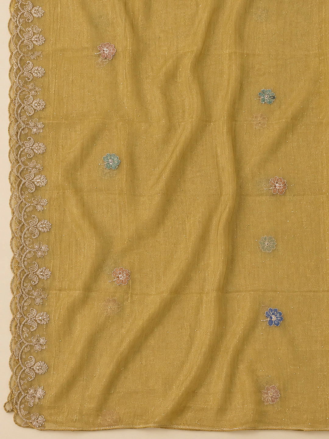 Mustard Organza Embroidered Unstitched Dress Material