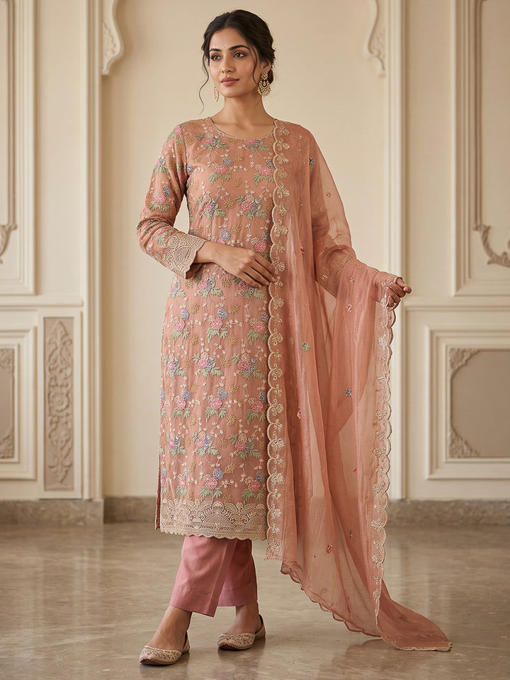 Peach Organza Embroidered Unstitched Dress Material