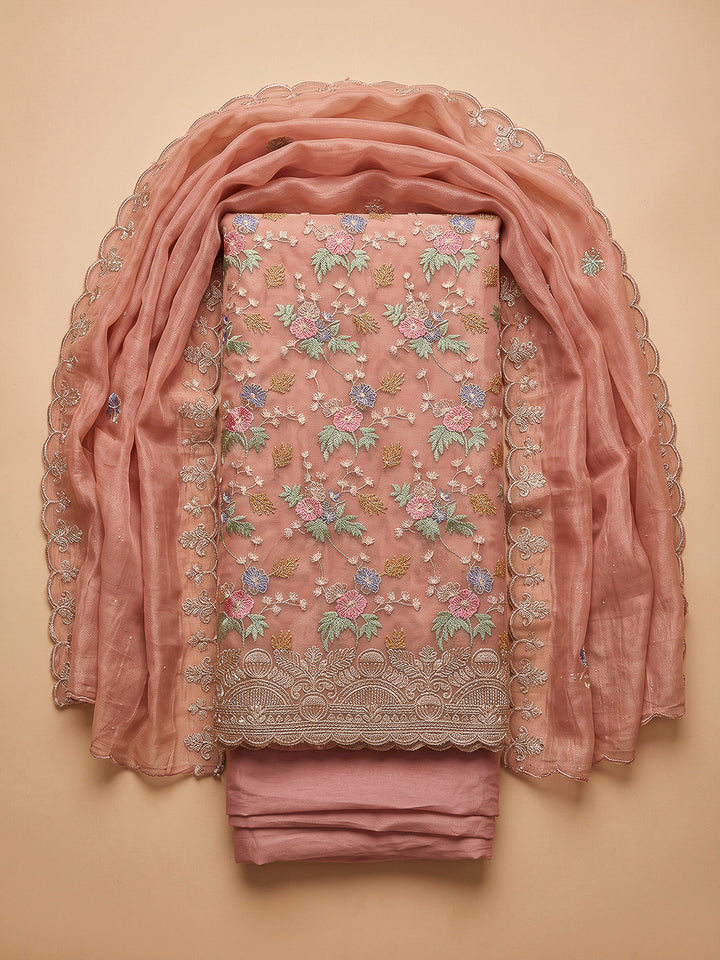 Peach Organza Embroidered Unstitched Dress Material