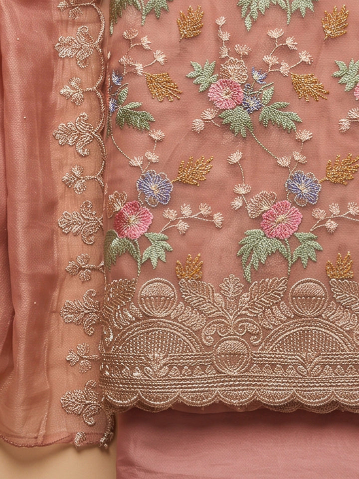 Peach Organza Embroidered Unstitched Dress Material