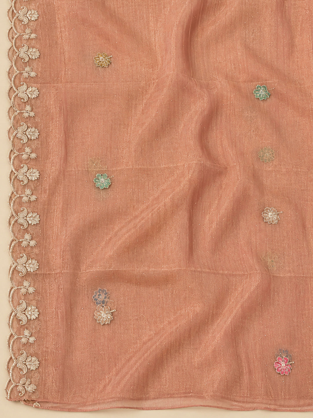 Peach Organza Embroidered Unstitched Dress Material
