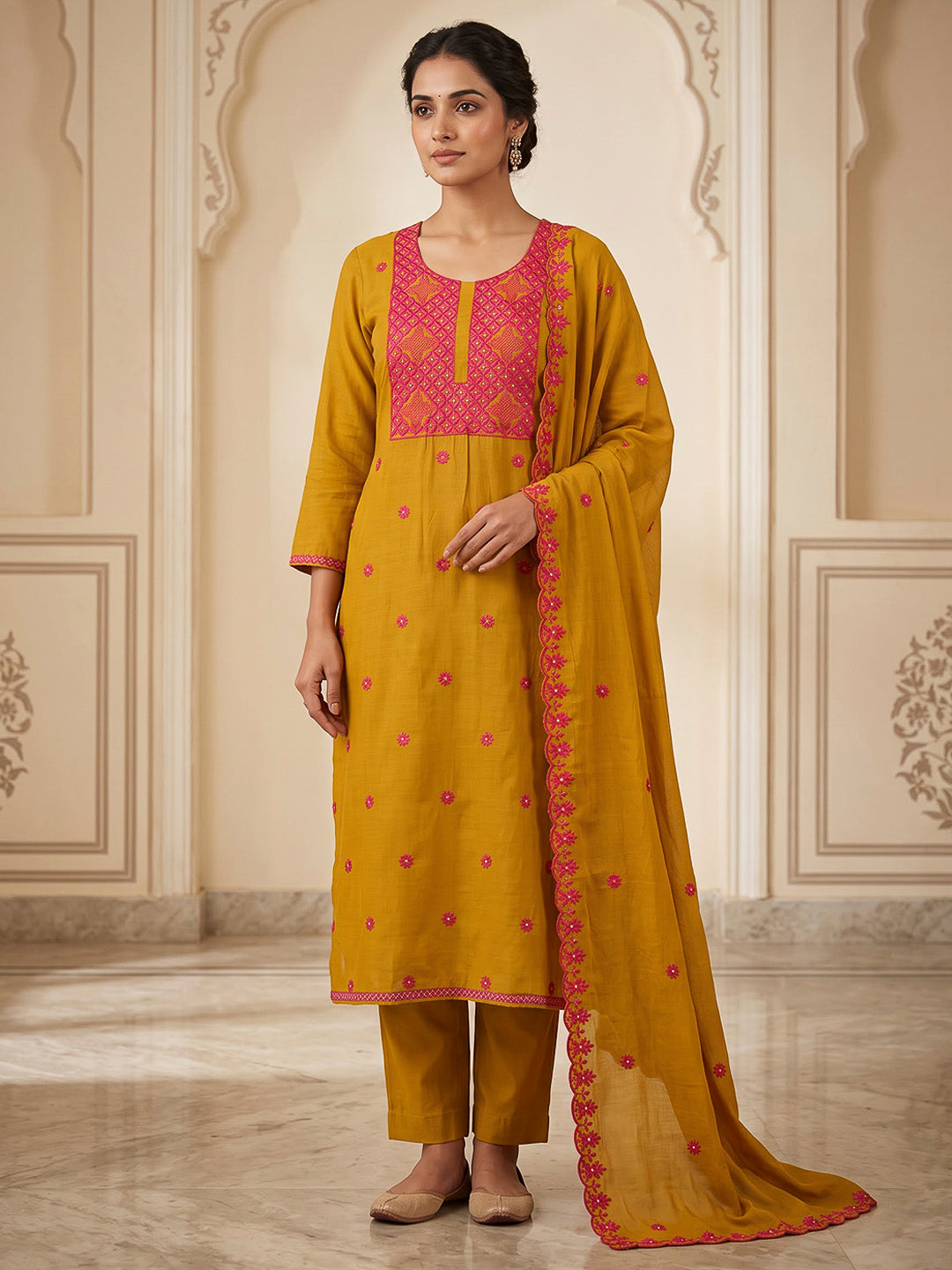 Mustard Chanderi Embroidered Unstitched Dress Material