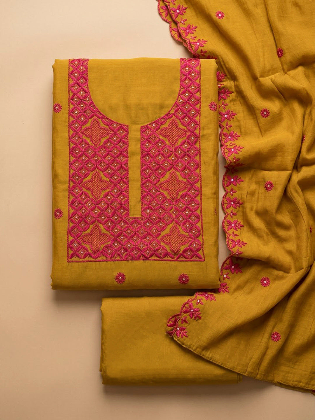 Mustard Chanderi Embroidered Unstitched Dress Material