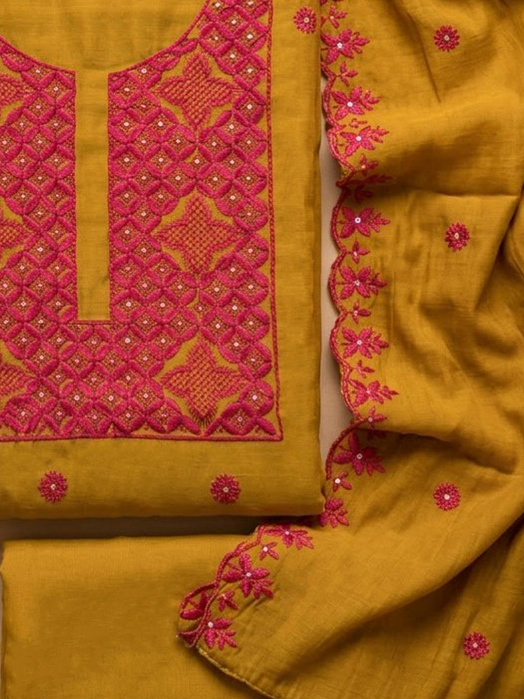 Mustard Chanderi Embroidered Unstitched Dress Material