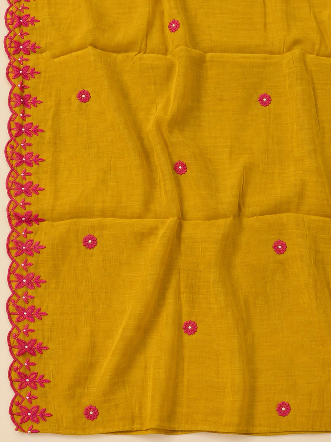 Mustard Chanderi Embroidered Unstitched Dress Material