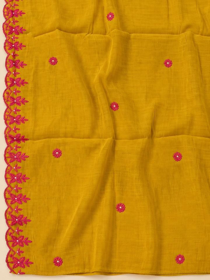 Mustard Chanderi Embroidered Unstitched Dress Material