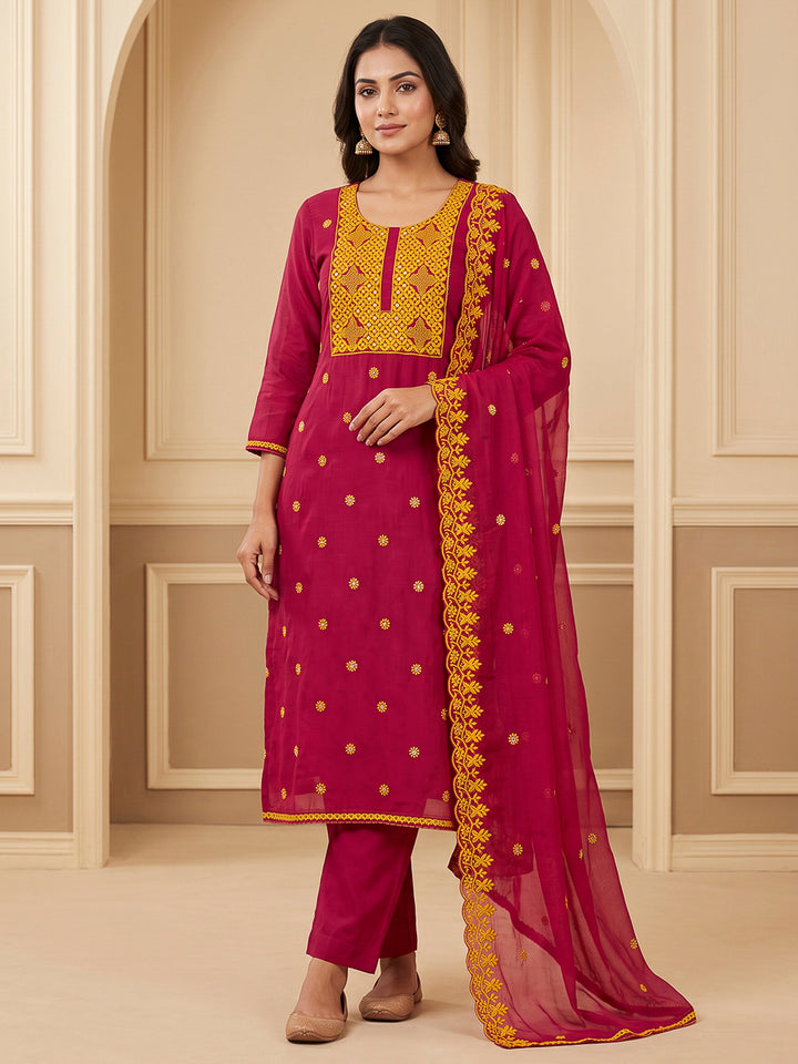 Red Chanderi Embroidered Unstitched Dress Material