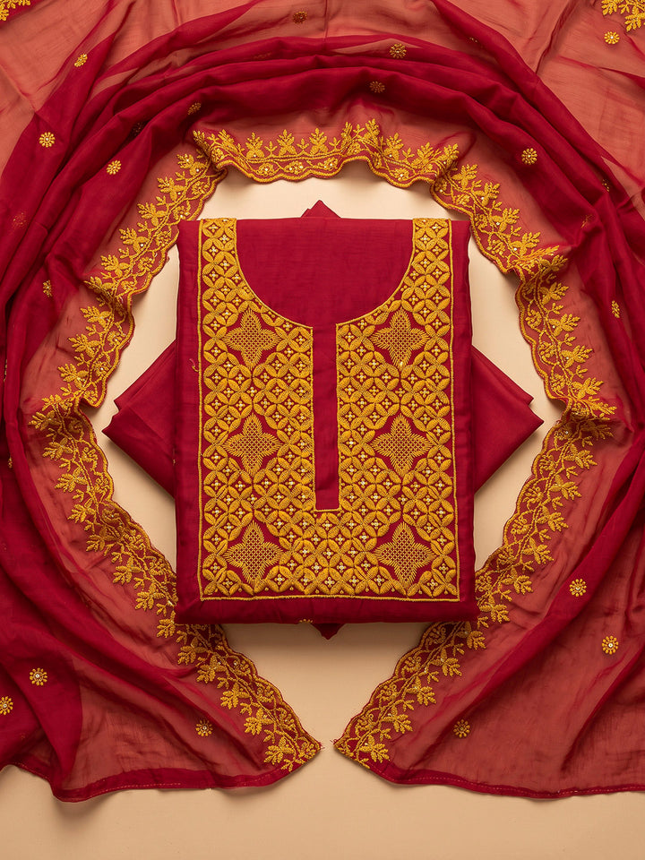 Red Chanderi Embroidered Unstitched Dress Material
