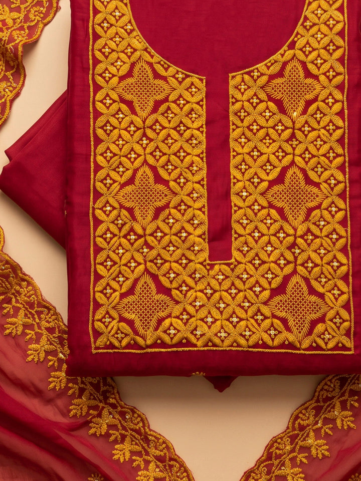 Red Chanderi Embroidered Unstitched Dress Material