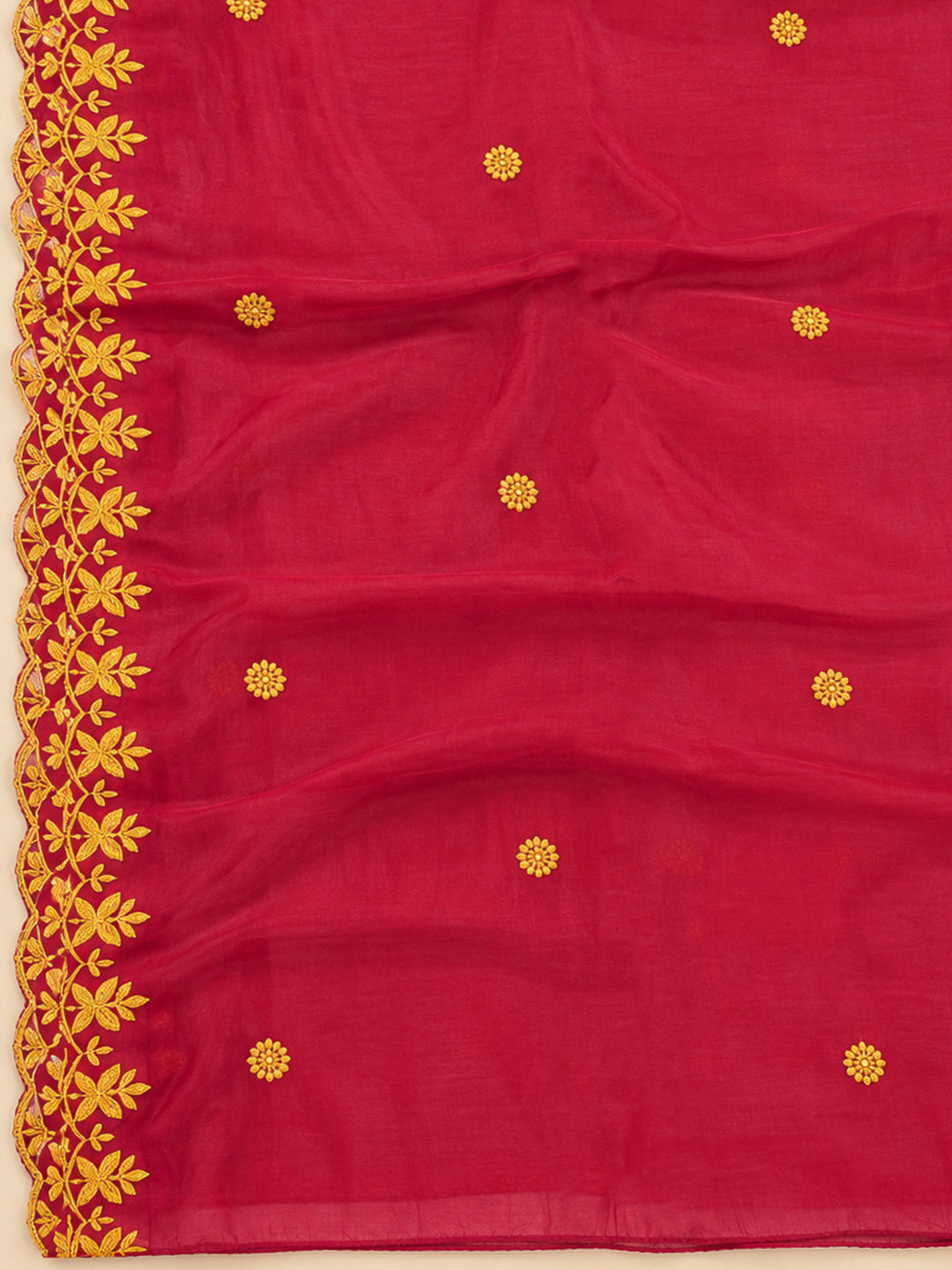 Red Chanderi Embroidered Unstitched Dress Material