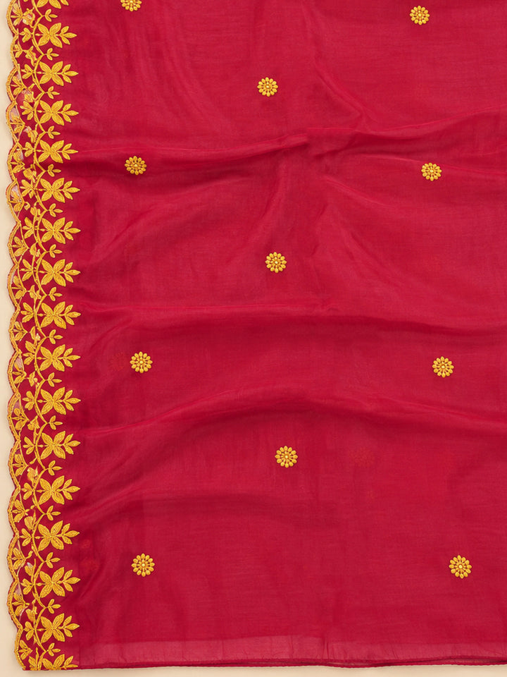 Red Chanderi Embroidered Unstitched Dress Material