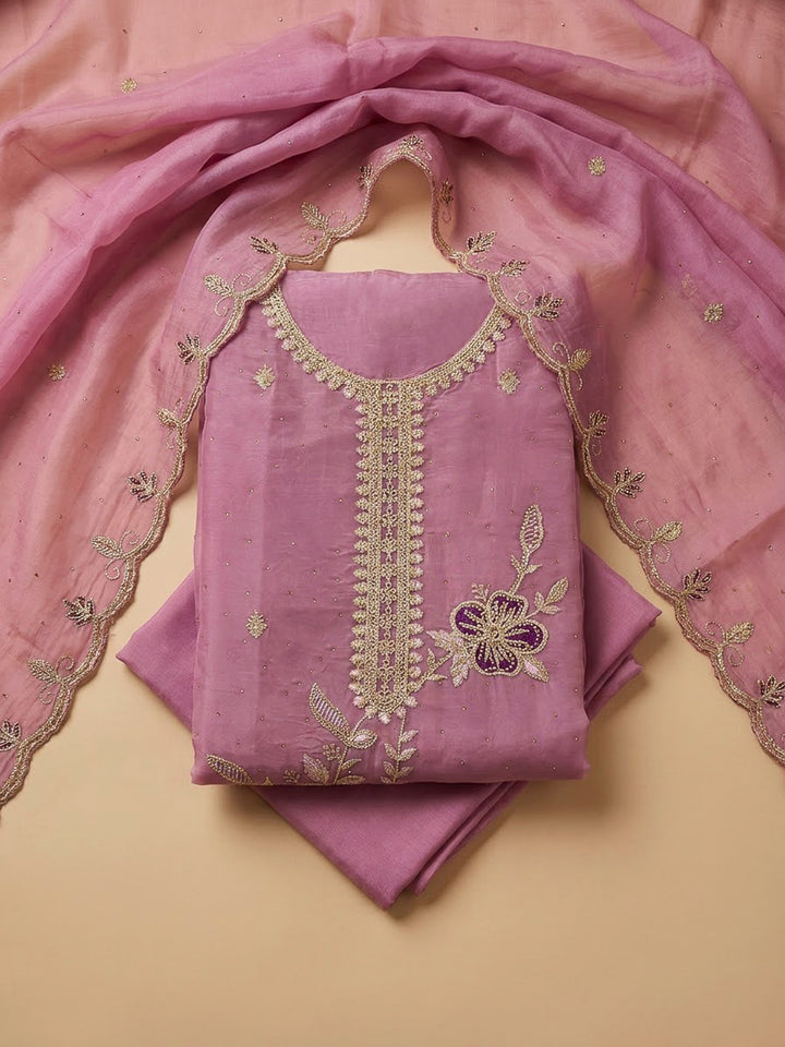Lavender Organza Embroidered Unstitched Dress Material