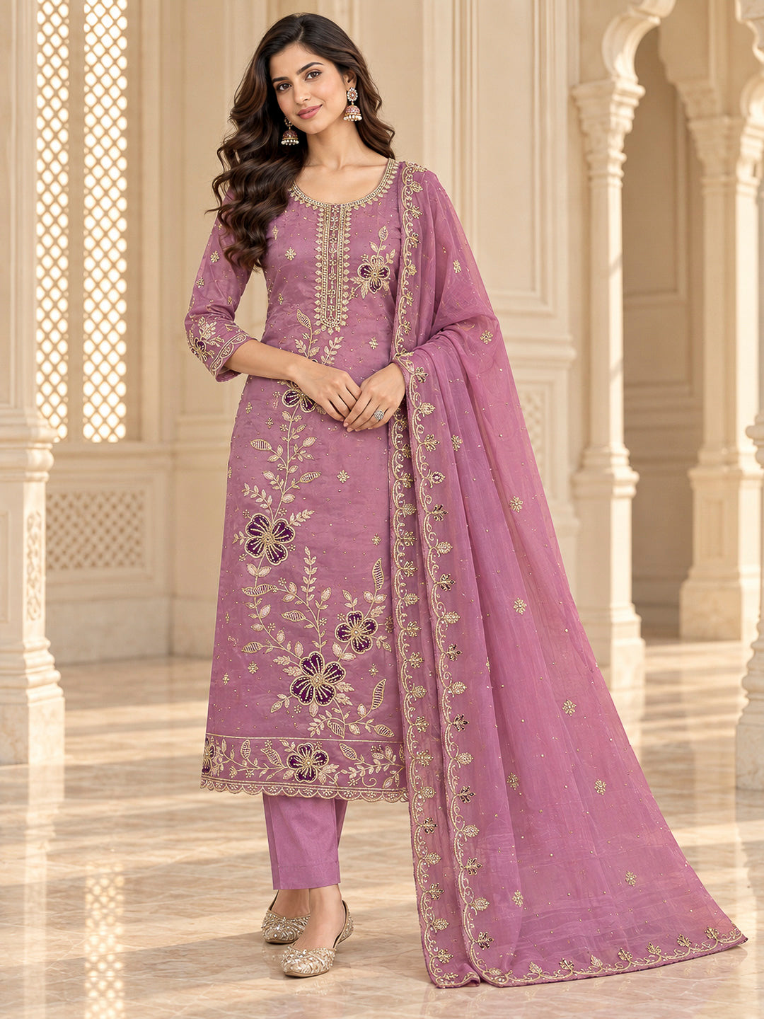 Lavender Organza Embroidered Unstitched Dress Material