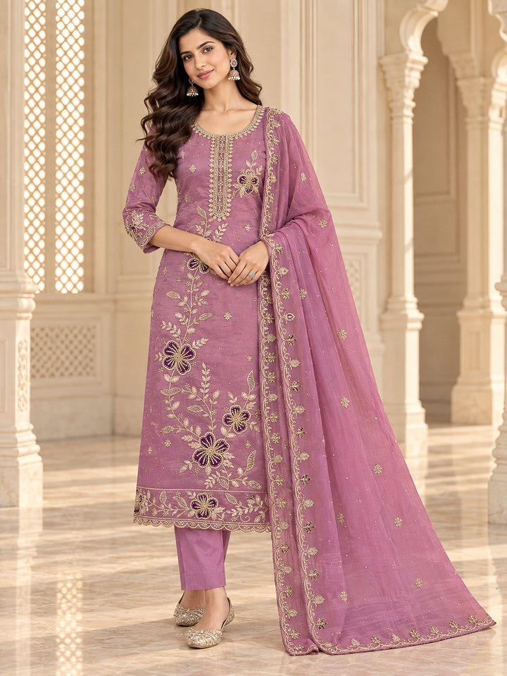 Lavender Organza Embroidered Unstitched Dress Material