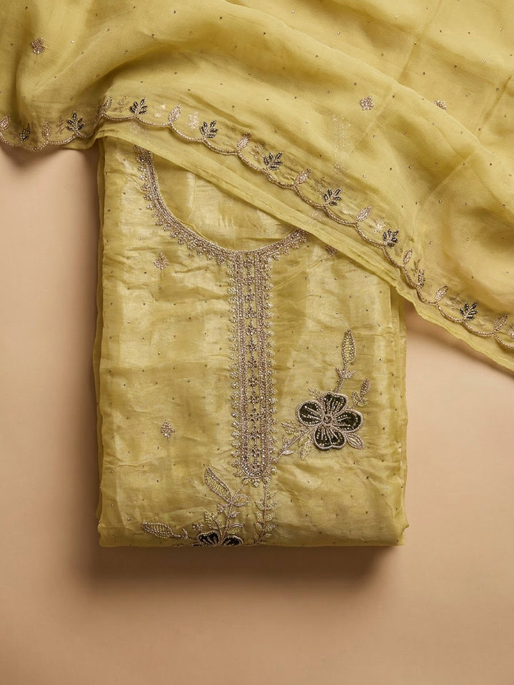 Lemon Organza Embroidered Unstitched Dress Material