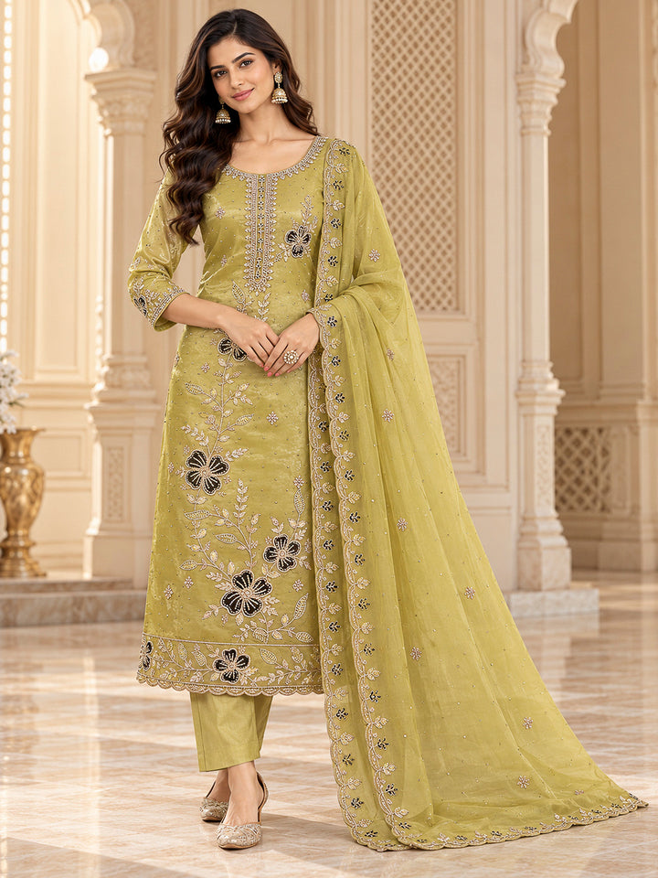 Lemon Organza Embroidered Unstitched Dress Material