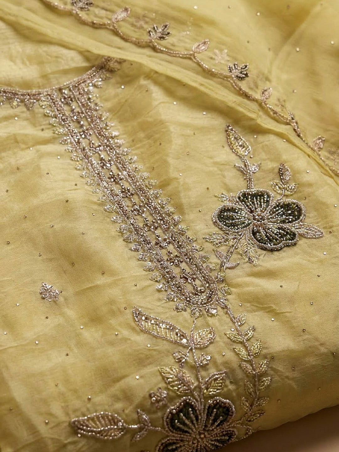 Lemon Organza Embroidered Unstitched Dress Material