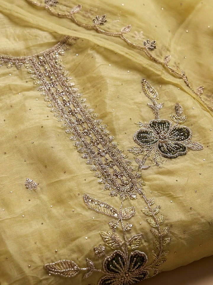 Lemon Organza Embroidered Unstitched Dress Material