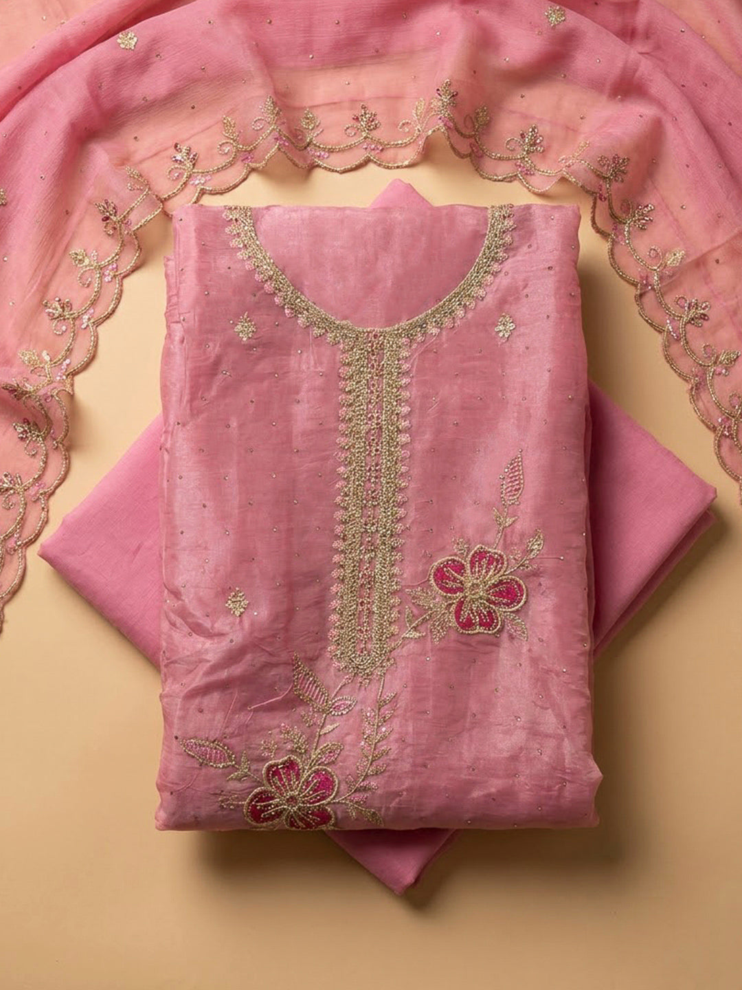 Onion Pink Organza Embroidered Unstitched Dress Material
