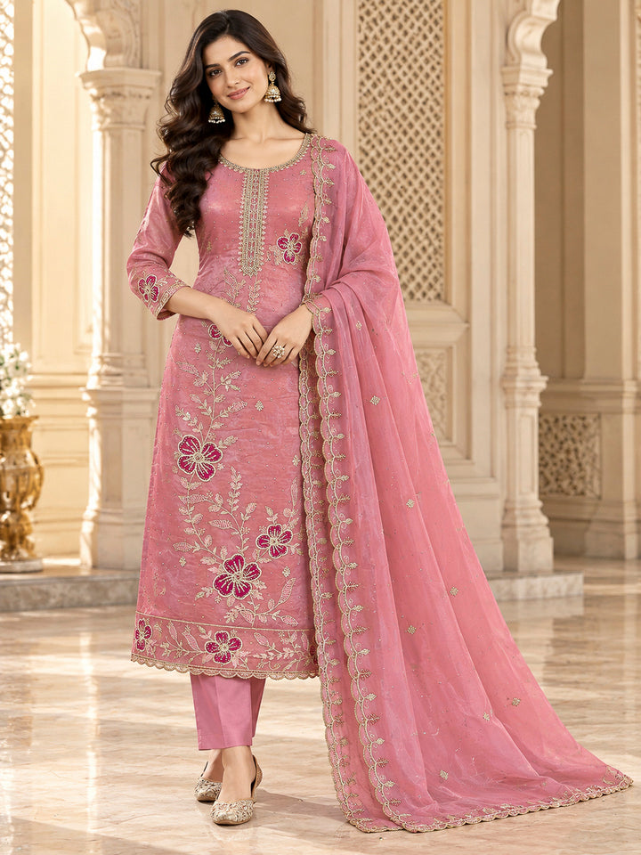 Onion Pink Organza Embroidered Unstitched Dress Material