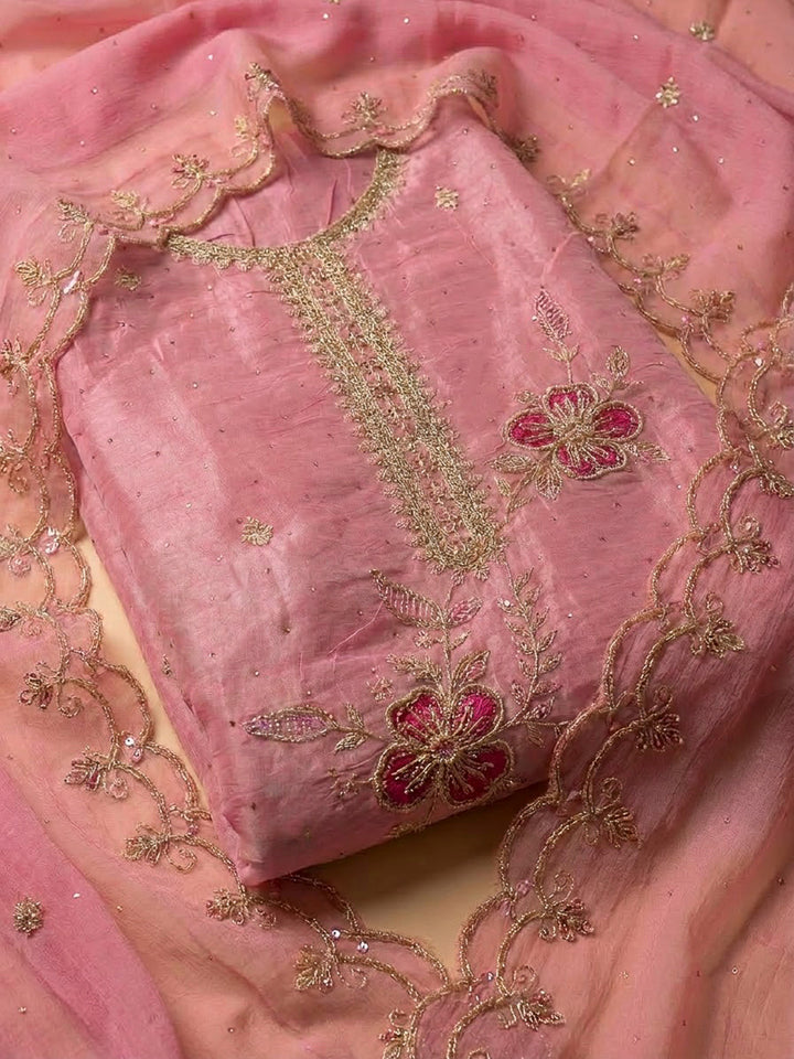 Onion Pink Organza Embroidered Unstitched Dress Material