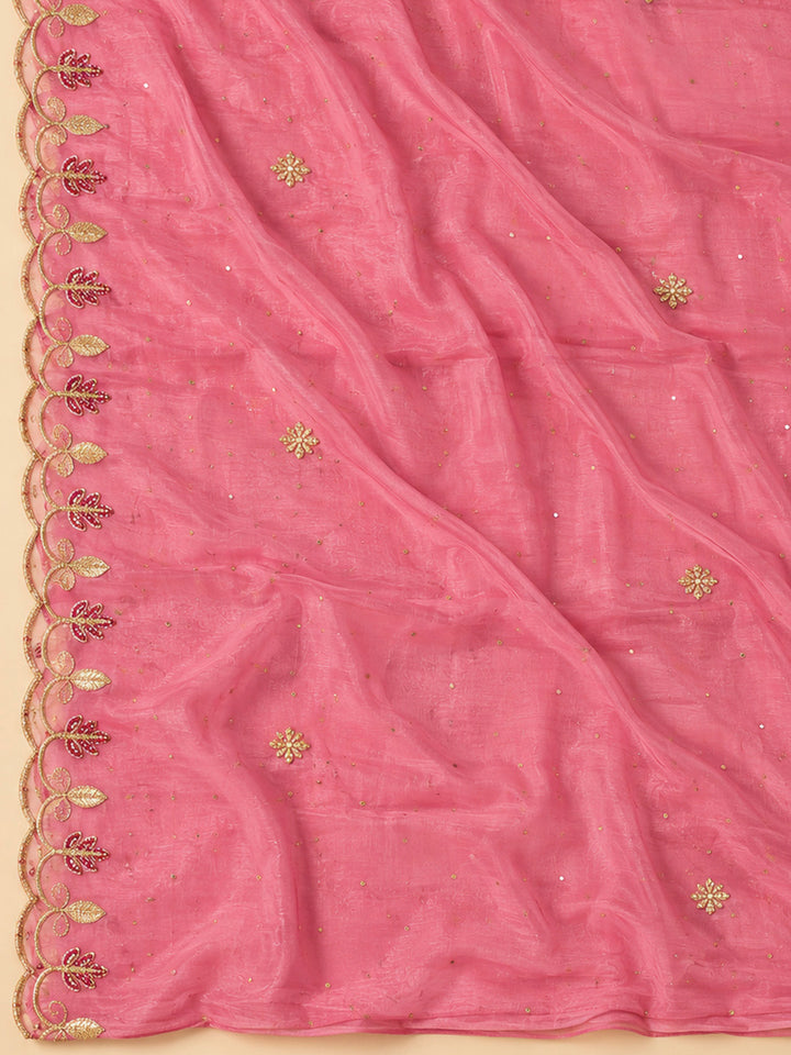 Onion Pink Organza Embroidered Unstitched Dress Material
