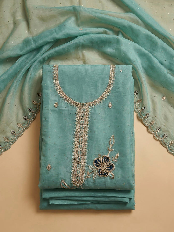 Rama Green Organza Embroidered Unstitched Dress Material
