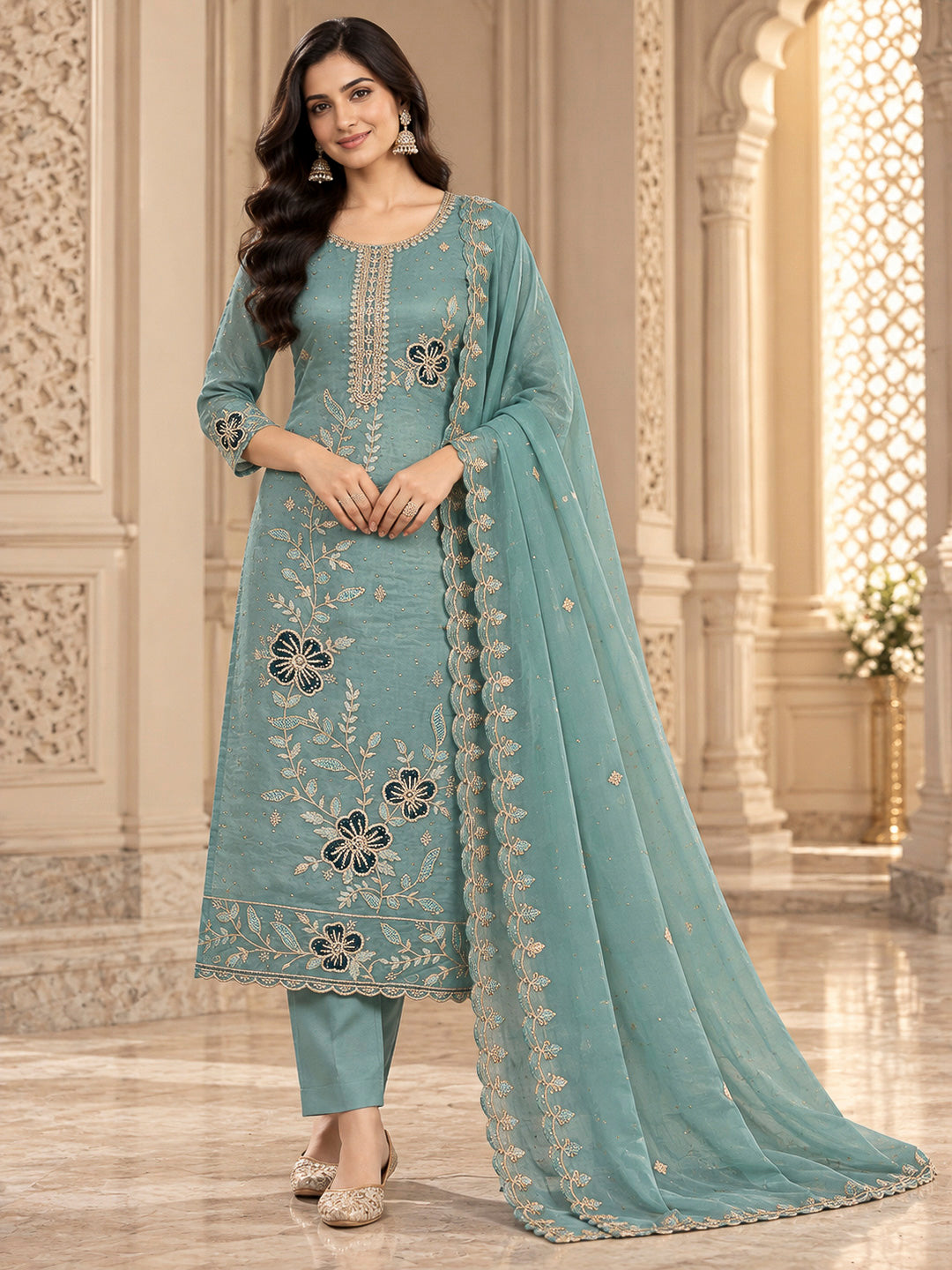 Rama Green Organza Embroidered Unstitched Dress Material