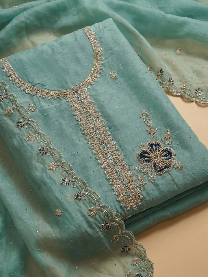 Rama Green Organza Embroidered Unstitched Dress Material