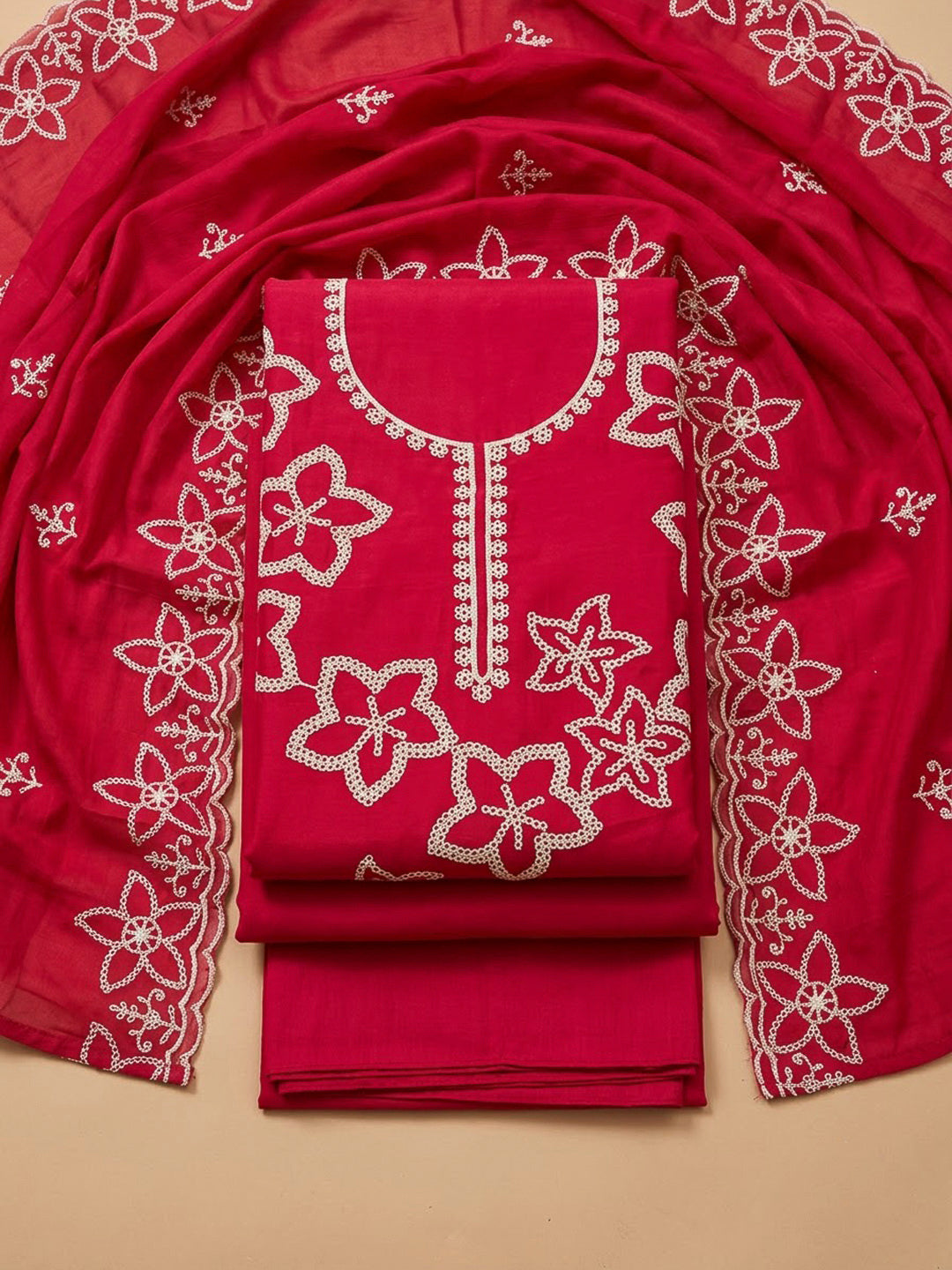 Hot Pink Cotton Blend Embroidered Unstitched Dress Material