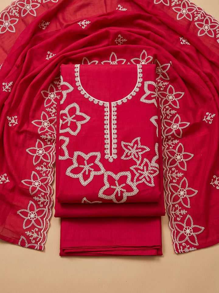 Hot Pink Cotton Blend Embroidered Unstitched Dress Material