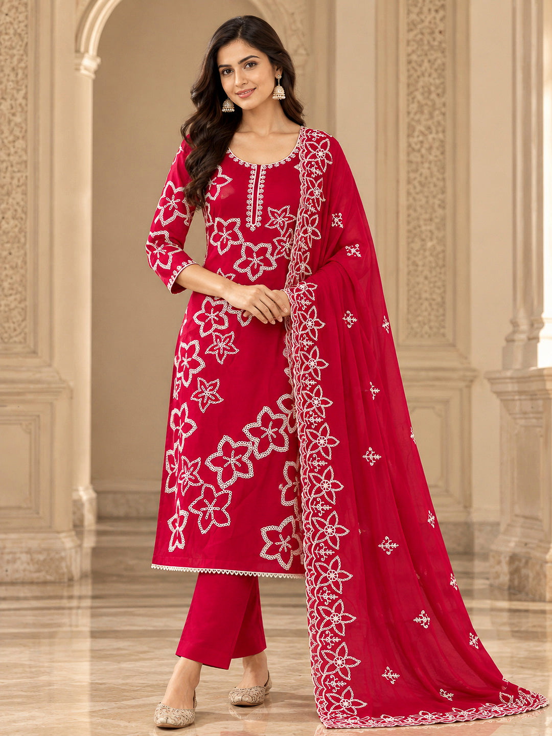 Hot Pink Cotton Blend Embroidered Unstitched Dress Material