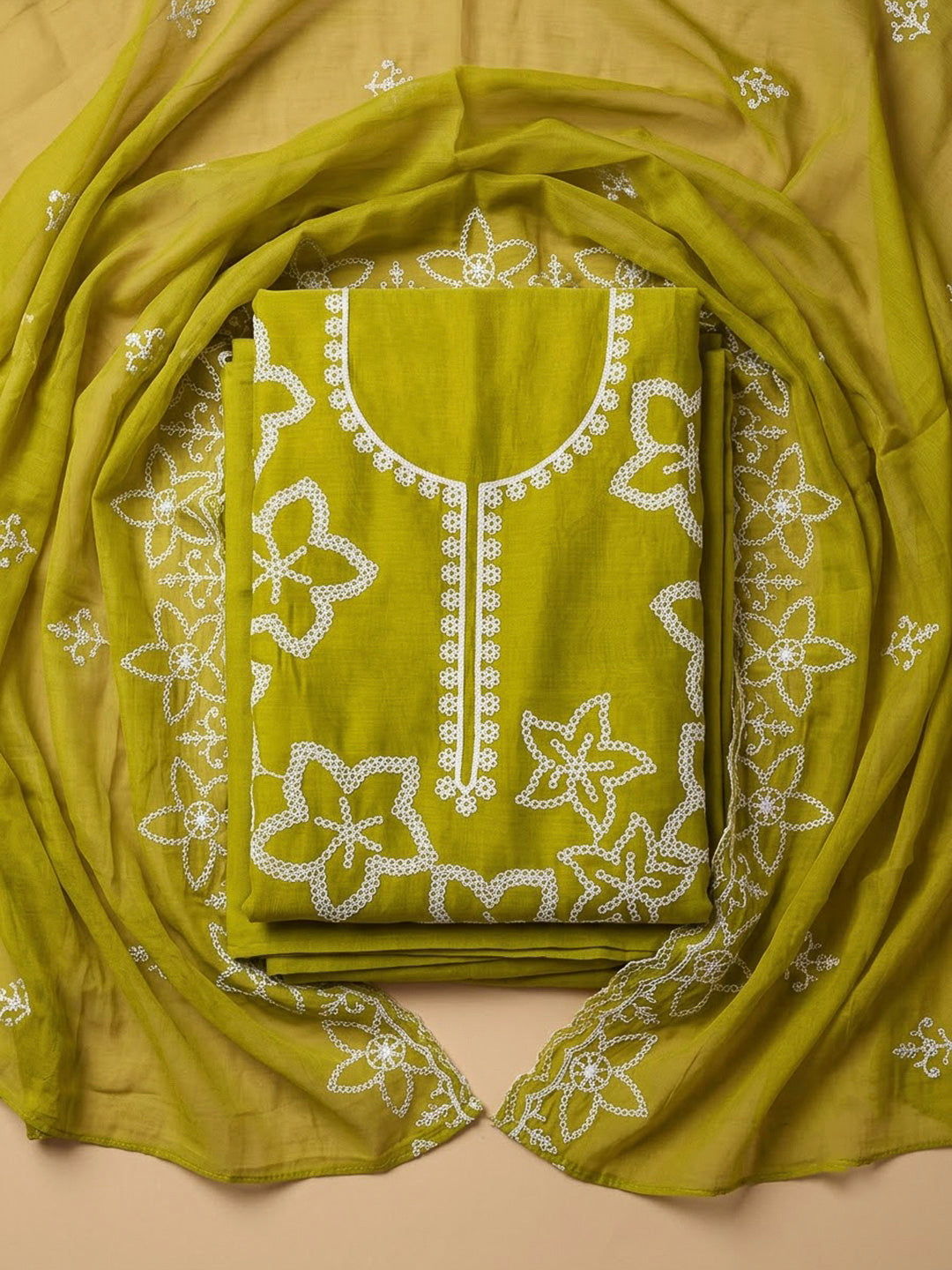 Mehndi Cotton Blend Embroidered Unstitched Dress Material