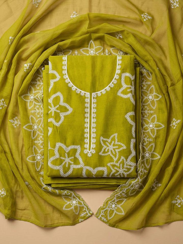 Mehndi Cotton Blend Embroidered Unstitched Dress Material