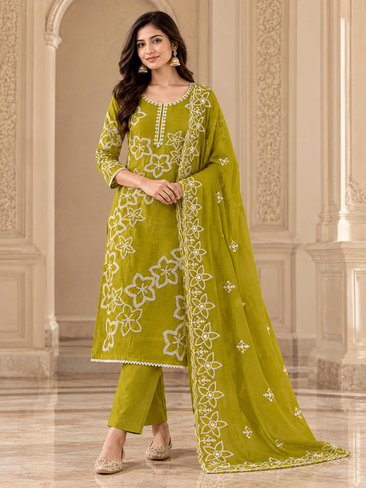 Mehndi Cotton Blend Embroidered Unstitched Dress Material