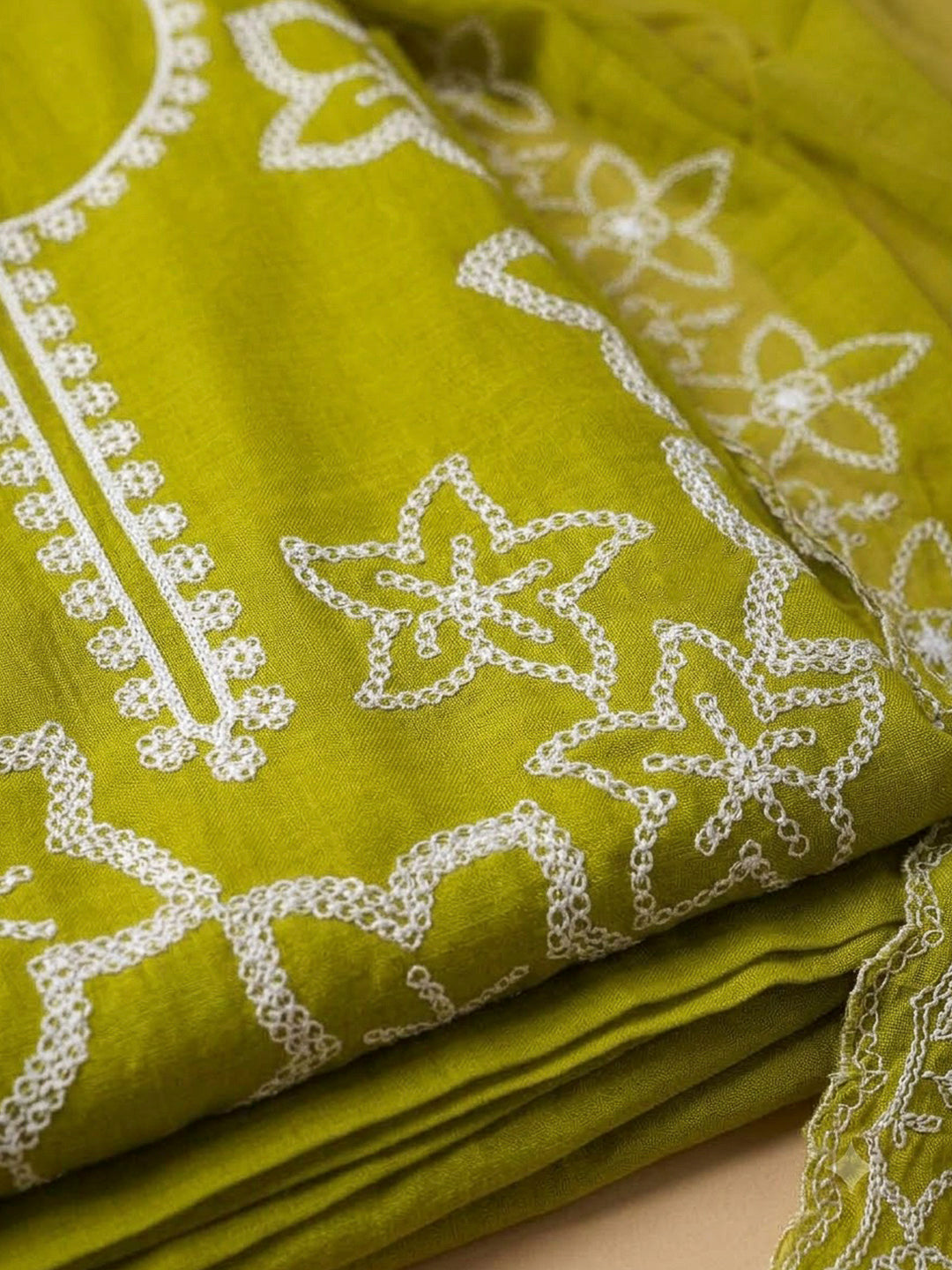 Mehndi Cotton Blend Embroidered Unstitched Dress Material