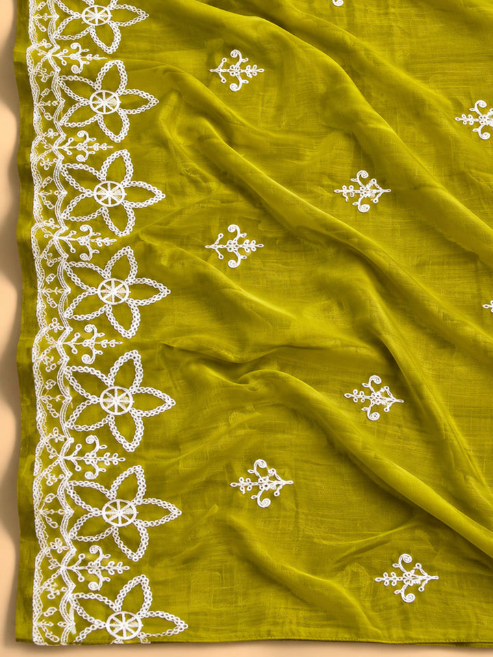 Mehndi Cotton Blend Embroidered Unstitched Dress Material
