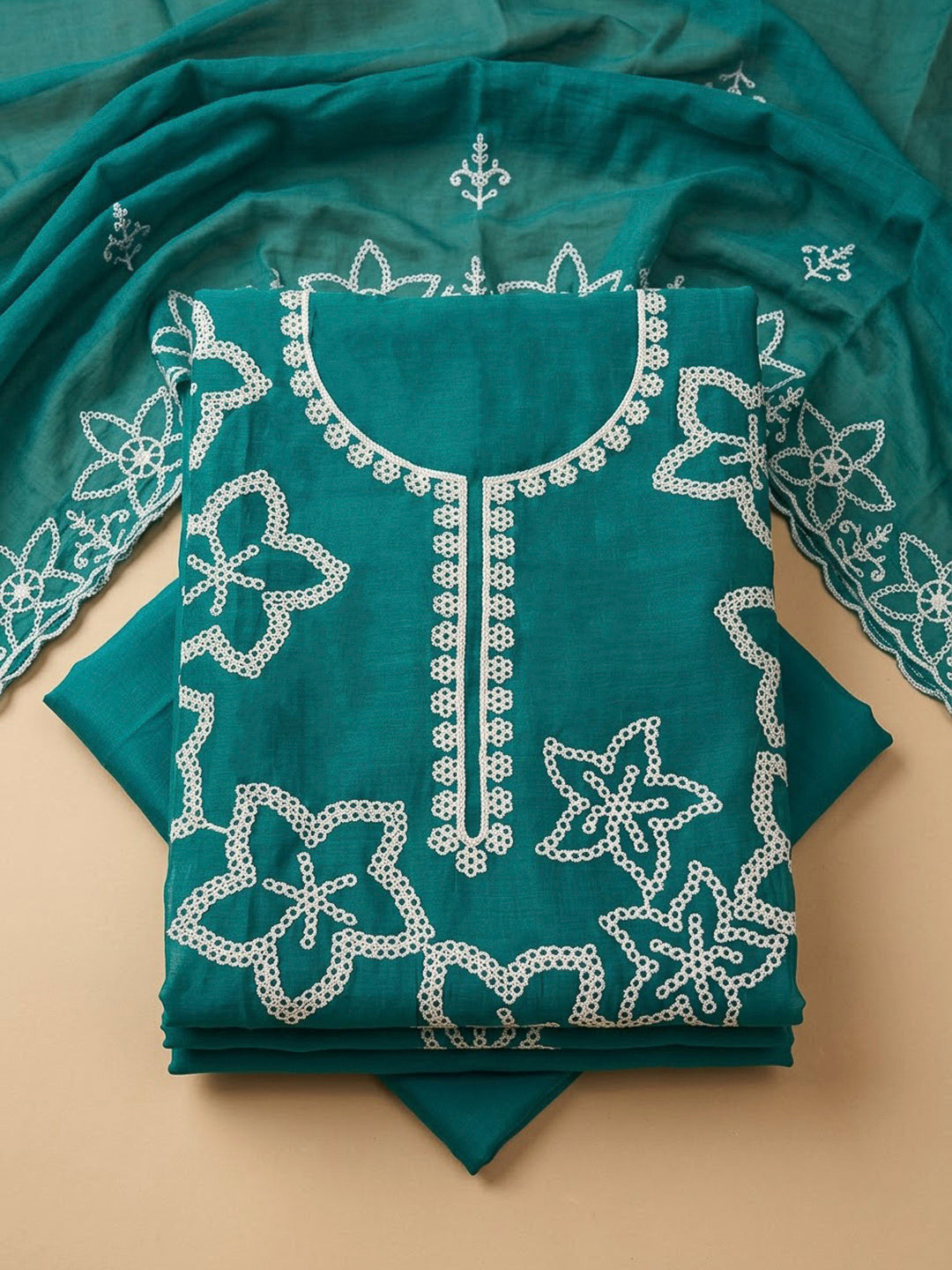 Rama Green Cotton Blend Embroidered Unstitched Dress Material