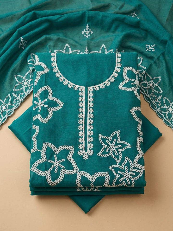 Rama Green Cotton Blend Embroidered Unstitched Dress Material
