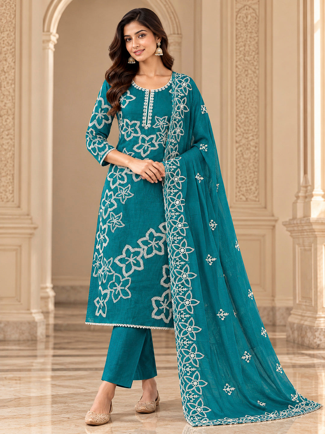 Rama Green Cotton Blend Embroidered Unstitched Dress Material