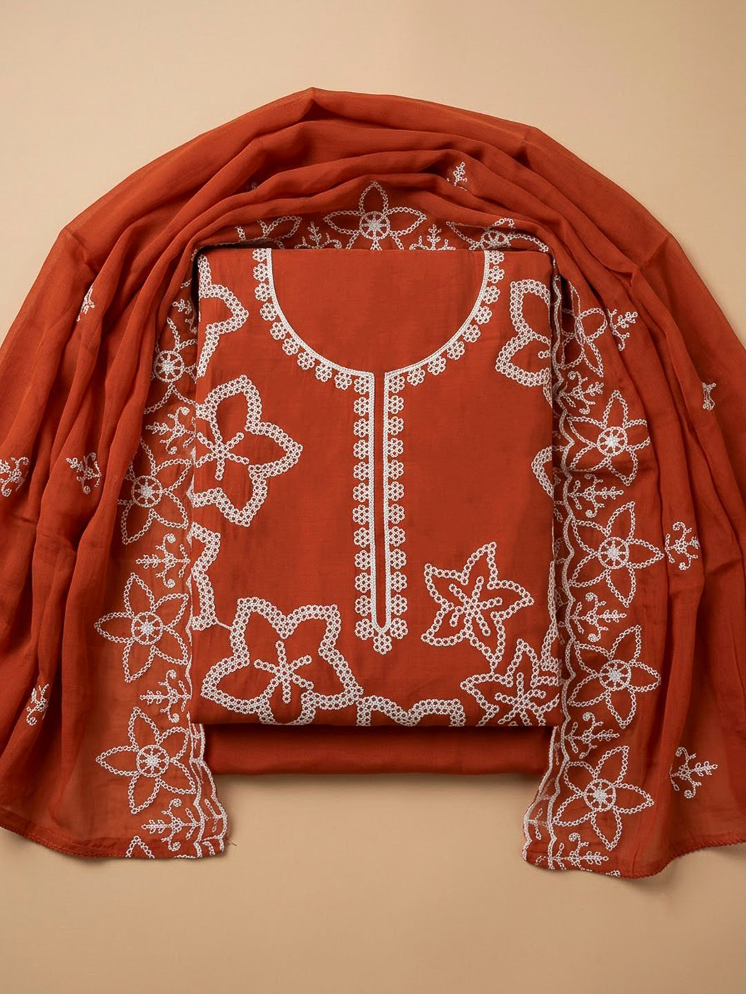 Rust Cotton Blend Embroidered Unstitched Dress Material