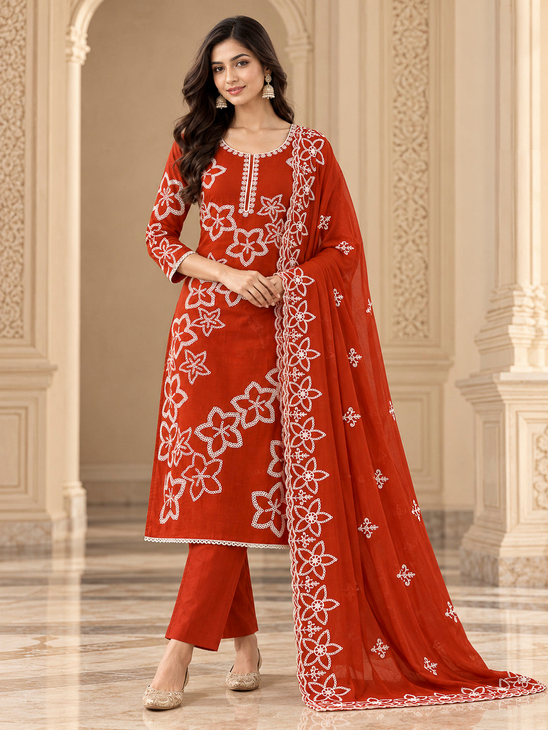 Rust Cotton Blend Embroidered Unstitched Dress Material