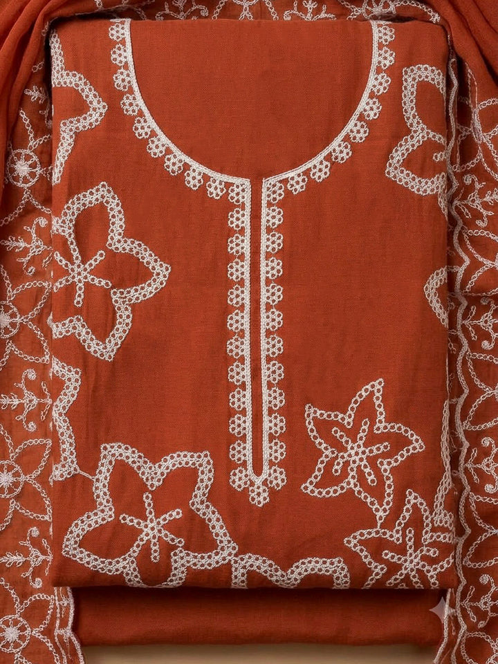 Rust Cotton Blend Embroidered Unstitched Dress Material