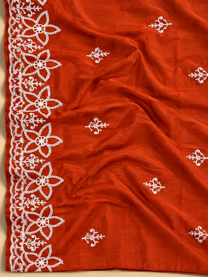Rust Cotton Blend Embroidered Unstitched Dress Material
