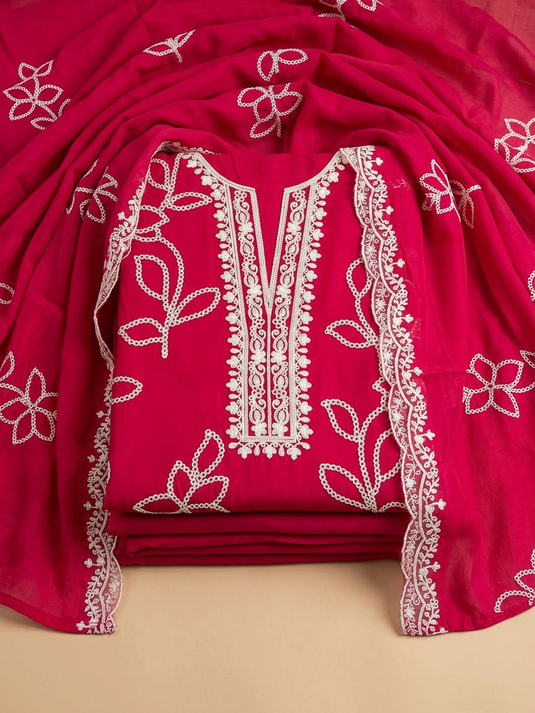 Hot Pink Cotton Blend Embroidered Unstitched Dress Material